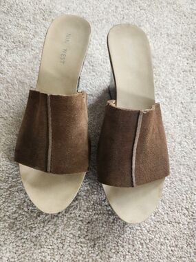 Nine West Brown Suede Wedge  Slide Sandals